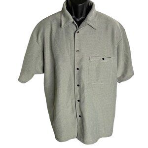 Vintage 90s Adolfo Button Up Club Shirt L Grey Black Texture Short Sleeve Pocket